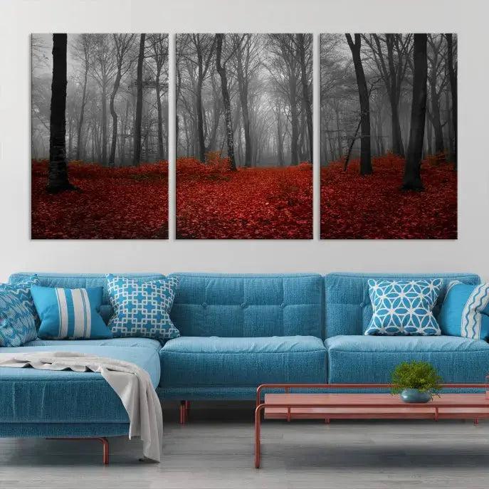 Autumn Forest and Red Leaves Canvas Wall Art Print