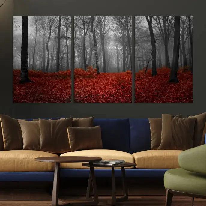 Autumn Forest and Red Leaves Canvas Wall Art Print