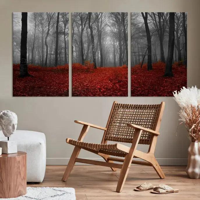 Autumn Forest and Red Leaves Canvas Wall Art Print