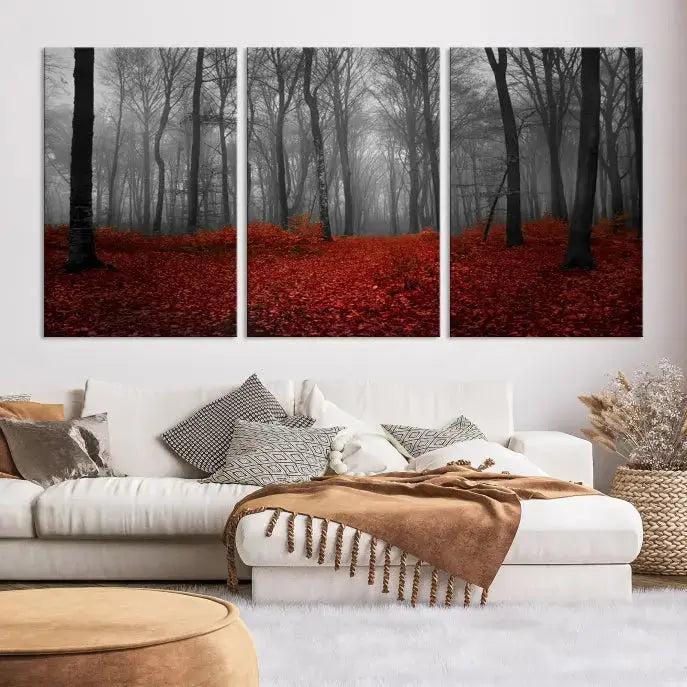 Autumn Forest and Red Leaves Canvas Wall Art Print