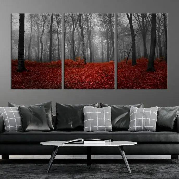 Autumn Forest and Red Leaves Canvas Wall Art Print