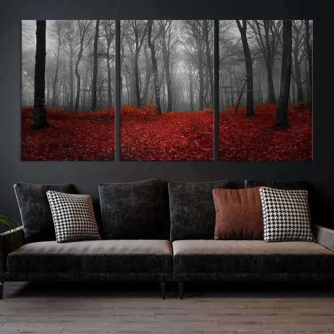 Autumn Forest and Red Leaves Canvas Wall Art Print