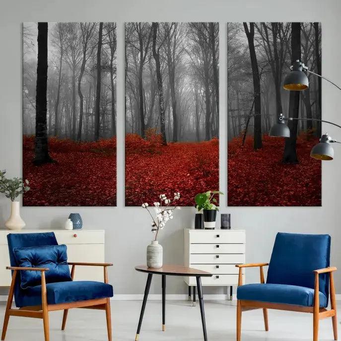 Autumn Forest and Red Leaves Canvas Wall Art Print