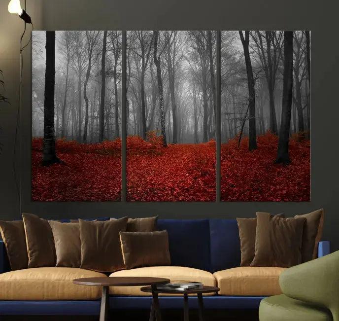 Autumn Forest and Red Leaves Canvas Wall Art Print