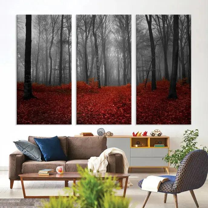 Autumn Forest and Red Leaves Canvas Wall Art Print