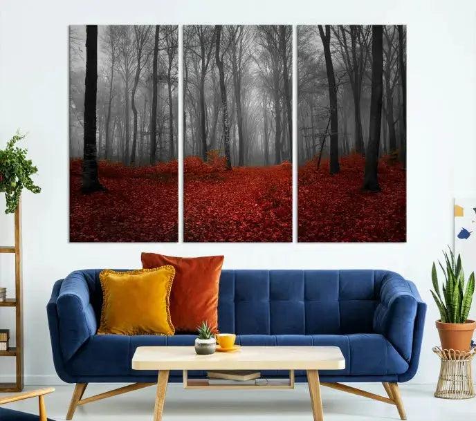 Autumn Forest and Red Leaves Canvas Wall Art Print