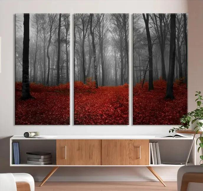 Autumn Forest and Red Leaves Canvas Wall Art Print