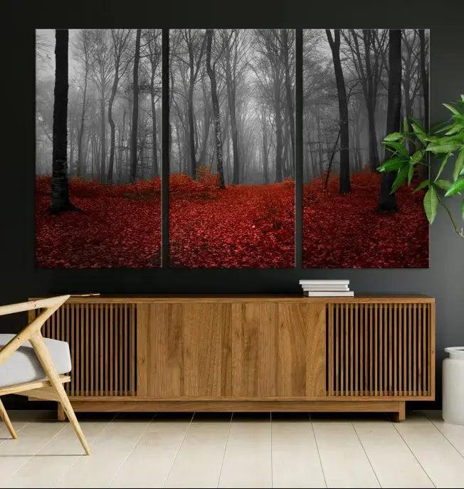 Autumn Forest and Red Leaves Canvas Wall Art Print