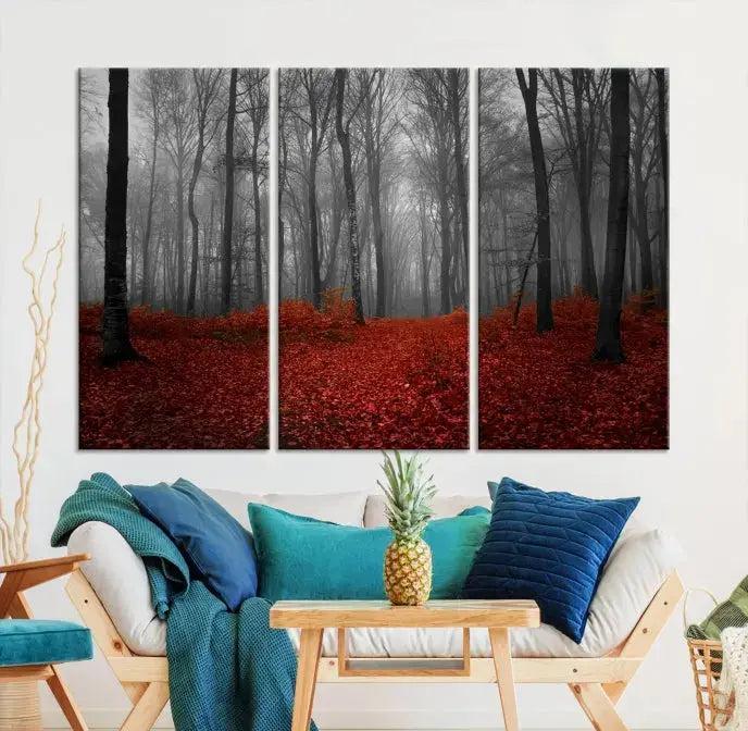 Autumn Forest and Red Leaves Canvas Wall Art Print