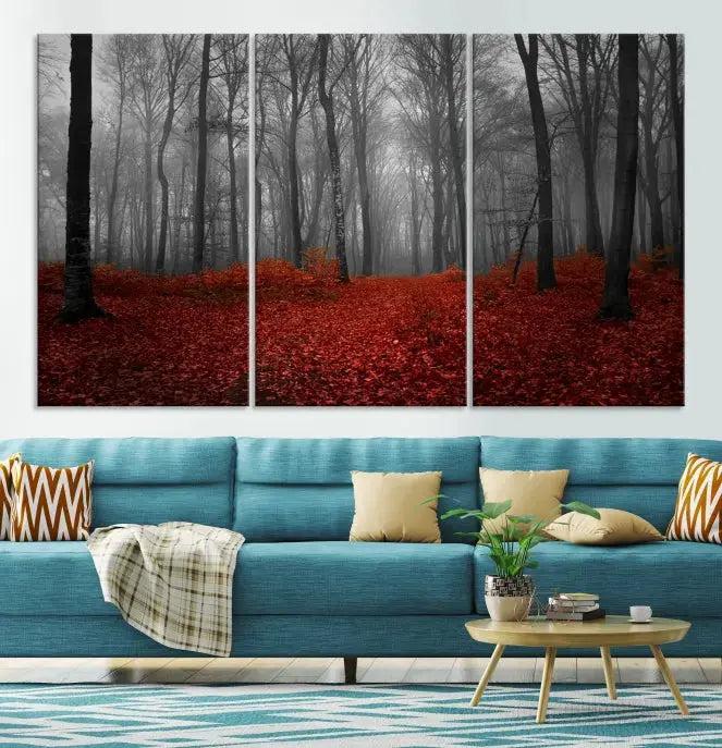 Autumn Forest and Red Leaves Canvas Wall Art Print