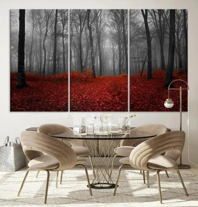 Autumn Forest and Red Leaves Canvas Wall Art Print