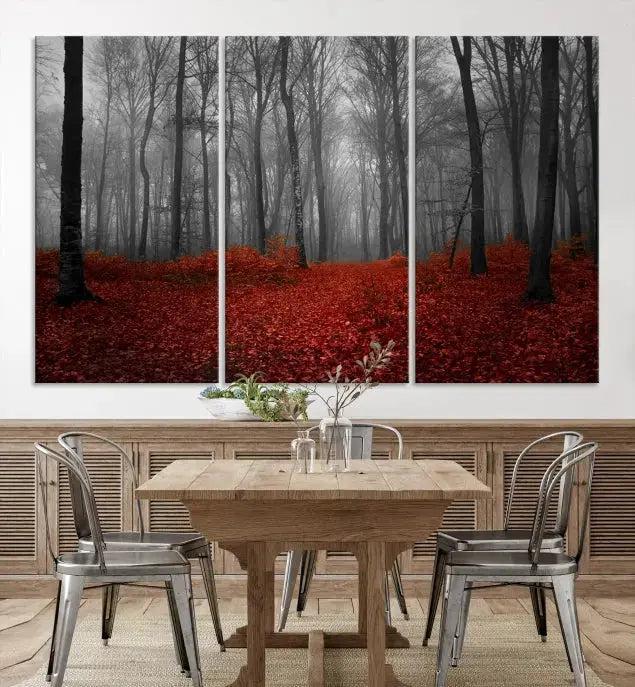 Autumn Forest and Red Leaves Canvas Wall Art Print