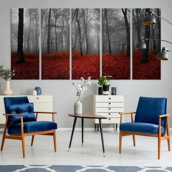 Autumn Forest and Red Leaves Canvas Wall Art Print