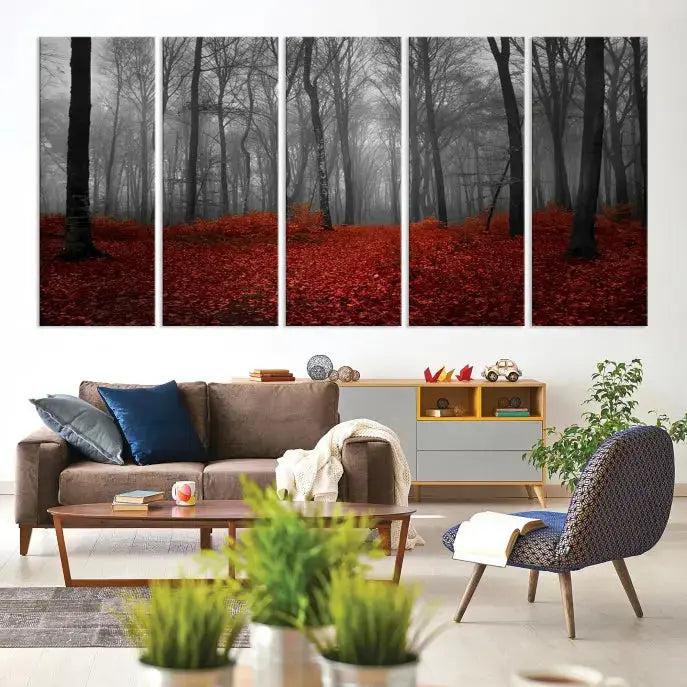 Autumn Forest and Red Leaves Canvas Wall Art Print