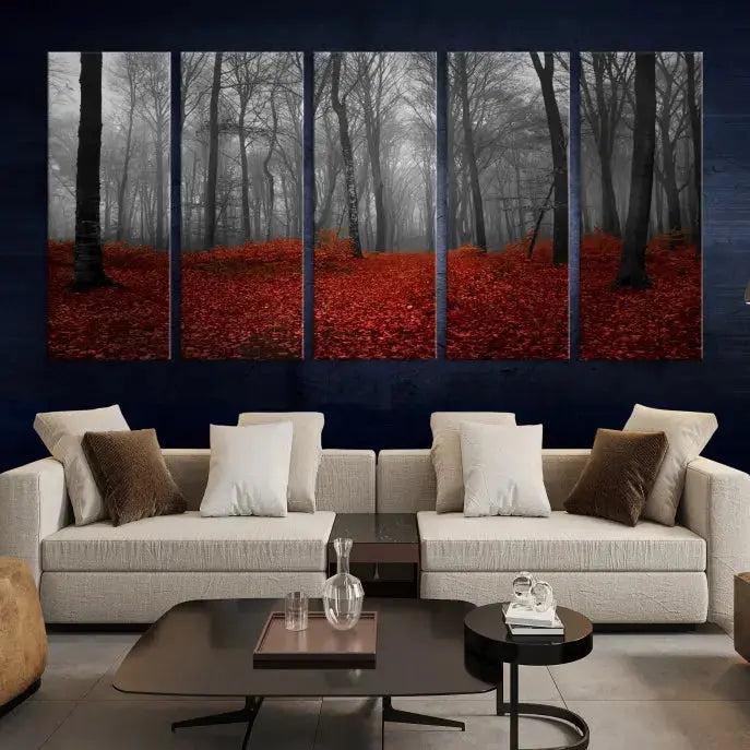 Autumn Forest and Red Leaves Canvas Wall Art Print