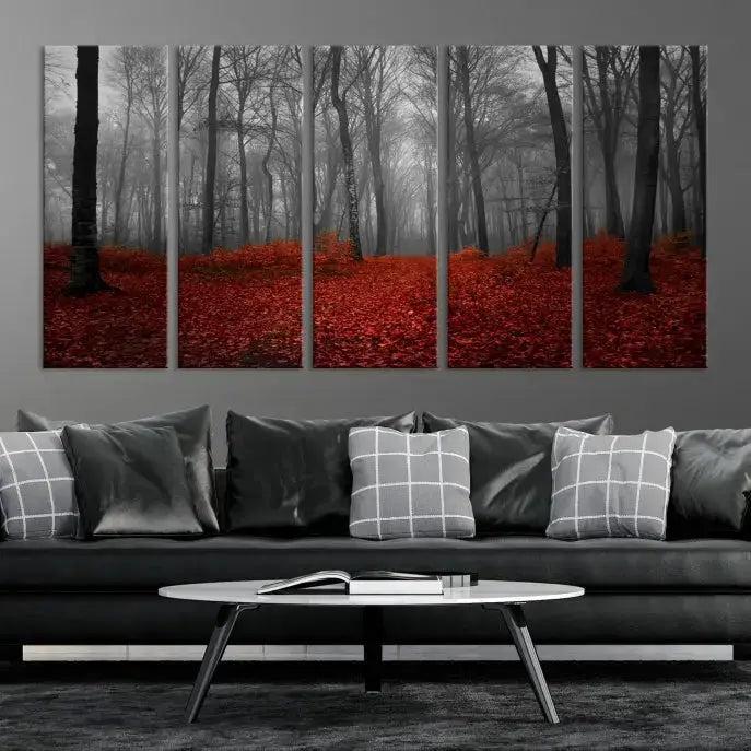 Autumn Forest and Red Leaves Canvas Wall Art Print