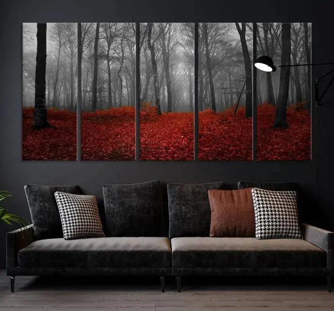 Autumn Forest and Red Leaves Canvas Wall Art Print