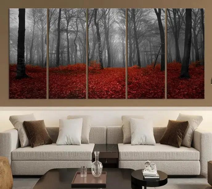 Autumn Forest and Red Leaves Canvas Wall Art Print