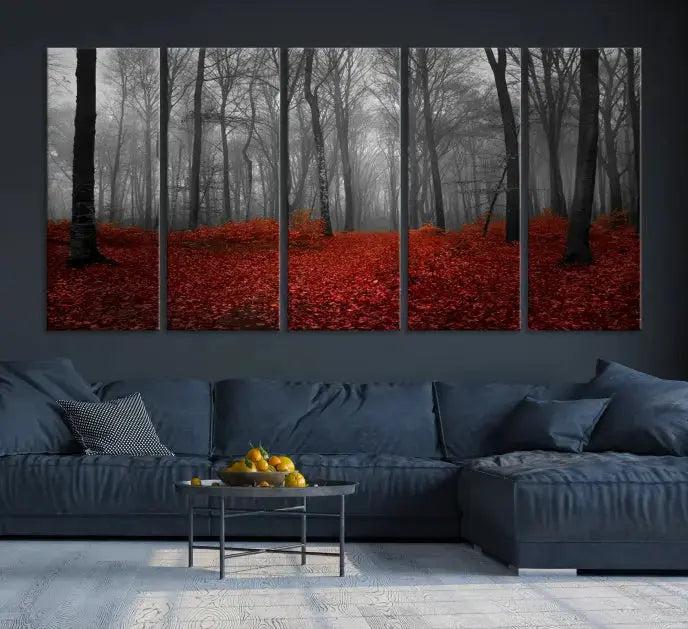 Autumn Forest and Red Leaves Canvas Wall Art Print