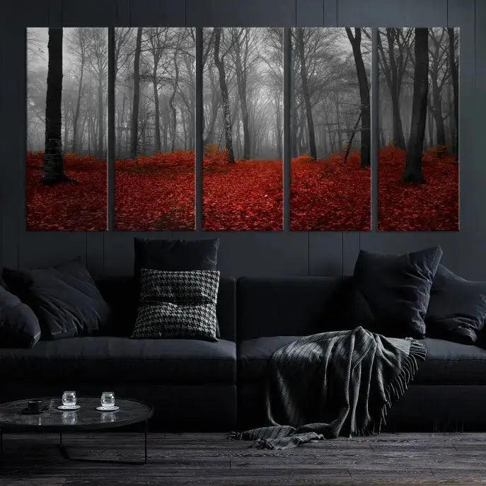 Autumn Forest and Red Leaves Canvas Wall Art Print