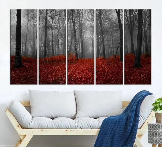 Autumn Forest and Red Leaves Canvas Wall Art Print