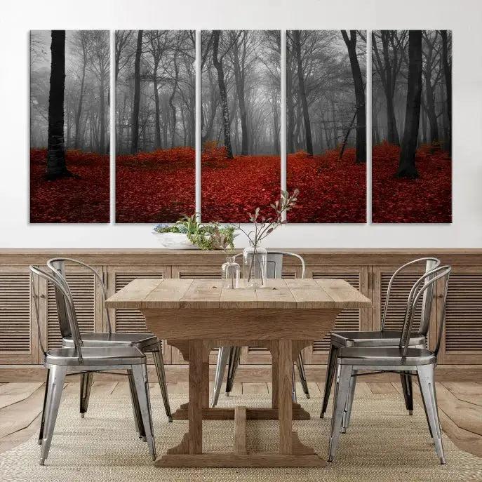 Autumn Forest and Red Leaves Canvas Wall Art Print