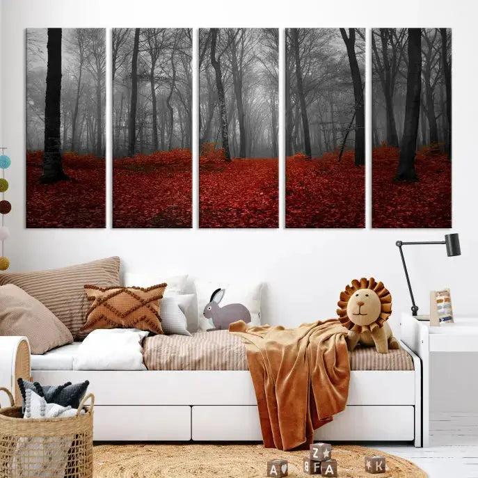 Autumn Forest and Red Leaves Canvas Wall Art Print