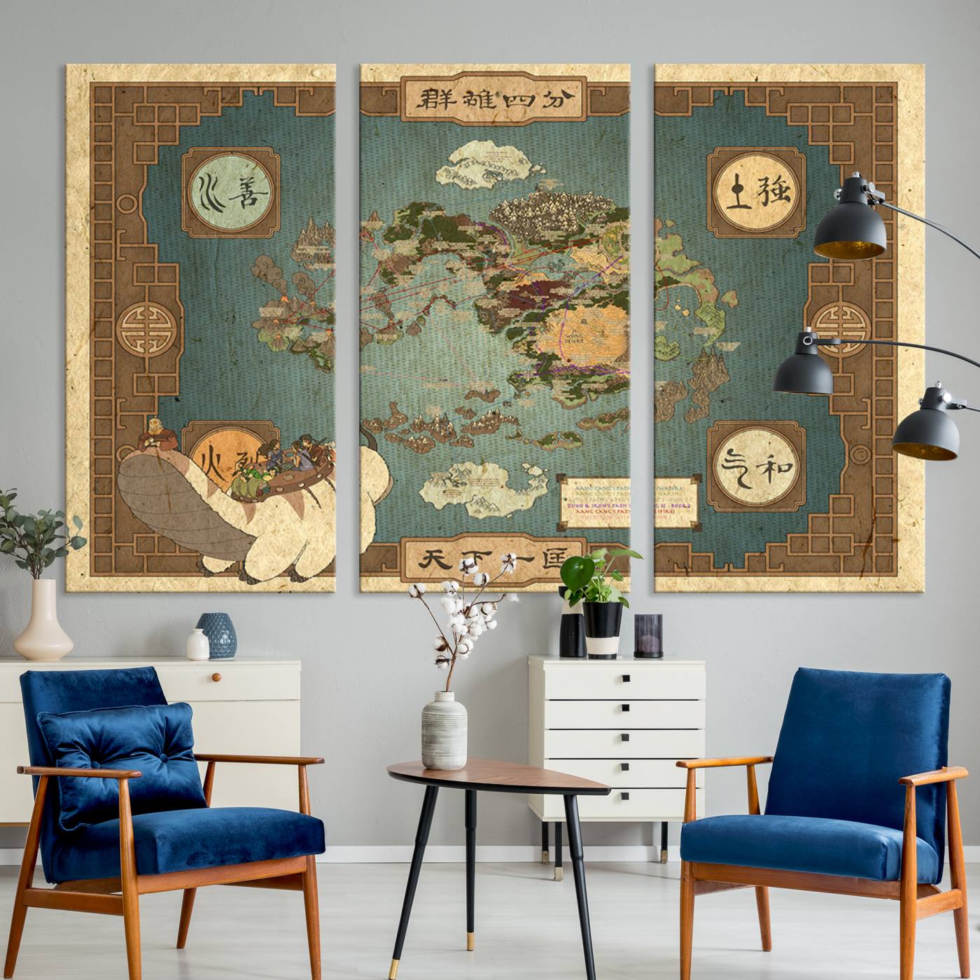 57832-MGV-CV-36X24-Avatar Wall Art: The Last Airbender Vintage Map - Wall Art Canvas Print, Framed, Ready to Hang - Iconic Four Nations Design