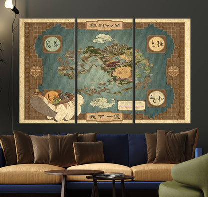 57832-MGV-CV-36X24-Avatar Wall Art: The Last Airbender Vintage Map - Wall Art Canvas Print, Framed, Ready to Hang - Iconic Four Nations Design