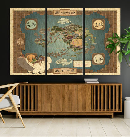 57832-MGV-CV-36X24-Avatar Wall Art: The Last Airbender Vintage Map - Wall Art Canvas Print, Framed, Ready to Hang - Iconic Four Nations Design