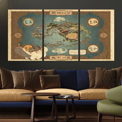 57832-MGV-CV-36X24-Avatar Wall Art: The Last Airbender Vintage Map - Wall Art Canvas Print, Framed, Ready to Hang - Iconic Four Nations Design