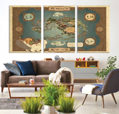 57832-MGV-CV-36X24-Avatar Wall Art: The Last Airbender Vintage Map - Wall Art Canvas Print, Framed, Ready to Hang - Iconic Four Nations Design