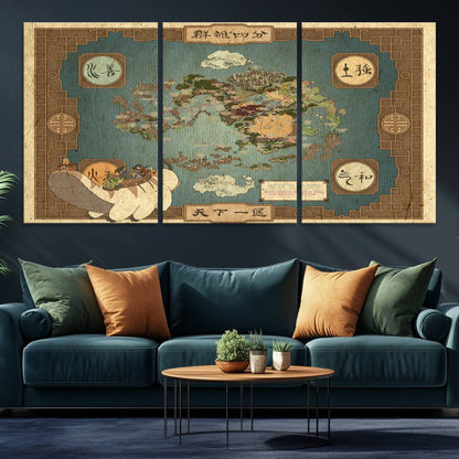 57832-MGV-CV-36X24-Avatar Wall Art: The Last Airbender Vintage Map - Wall Art Canvas Print, Framed, Ready to Hang - Iconic Four Nations Design