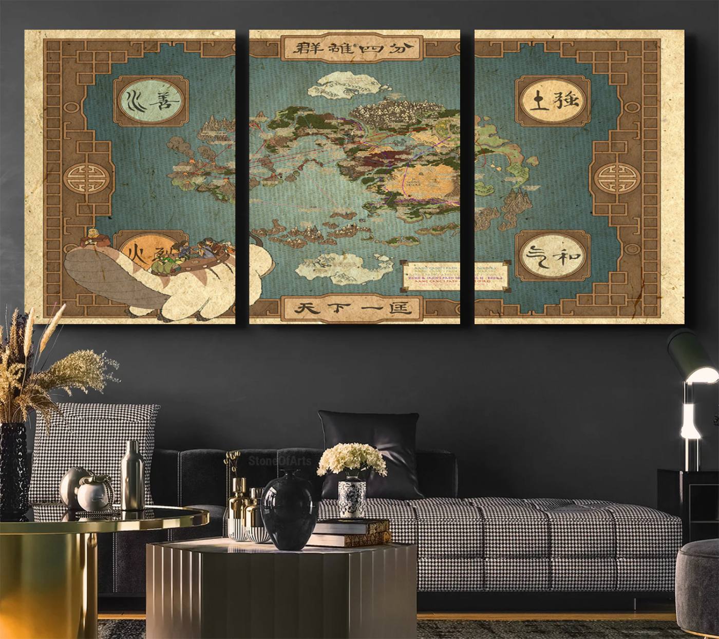 57832-MGV-CV-36X24-Avatar Wall Art: The Last Airbender Vintage Map - Wall Art Canvas Print, Framed, Ready to Hang - Iconic Four Nations Design