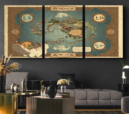57832-MGV-CV-36X24-Avatar Wall Art: The Last Airbender Vintage Map - Wall Art Canvas Print, Framed, Ready to Hang - Iconic Four Nations Design