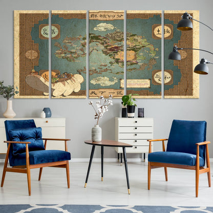 57832-MGV-CV-36X24-Avatar Wall Art: The Last Airbender Vintage Map - Wall Art Canvas Print, Framed, Ready to Hang - Iconic Four Nations Design
