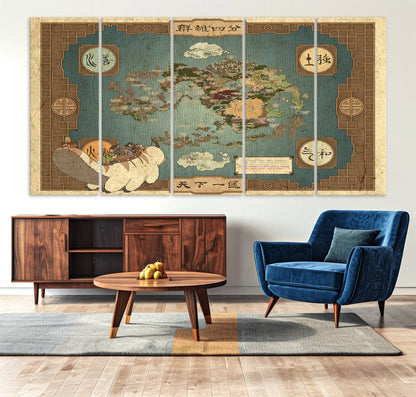 57832-MGV-CV-36X24-Avatar Wall Art: The Last Airbender Vintage Map - Wall Art Canvas Print, Framed, Ready to Hang - Iconic Four Nations Design