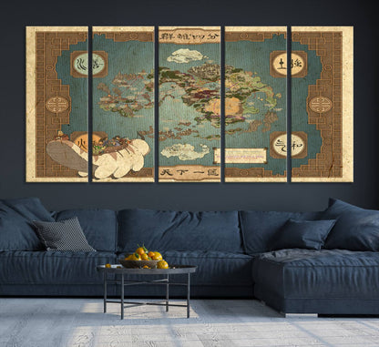 57832-MGV-CV-36X24-Avatar Wall Art: The Last Airbender Vintage Map - Wall Art Canvas Print, Framed, Ready to Hang - Iconic Four Nations Design