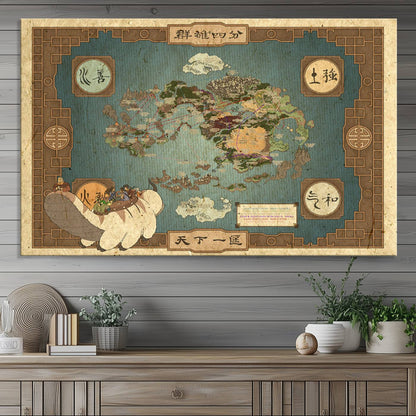 57832-MGV-CV-36X24-Avatar Wall Art: The Last Airbender Vintage Map - Wall Art Canvas Print, Framed, Ready to Hang - Iconic Four Nations Design