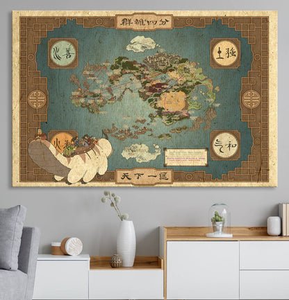 57832-MGV-CV-36X24-Avatar Wall Art: The Last Airbender Vintage Map - Wall Art Canvas Print, Framed, Ready to Hang - Iconic Four Nations Design