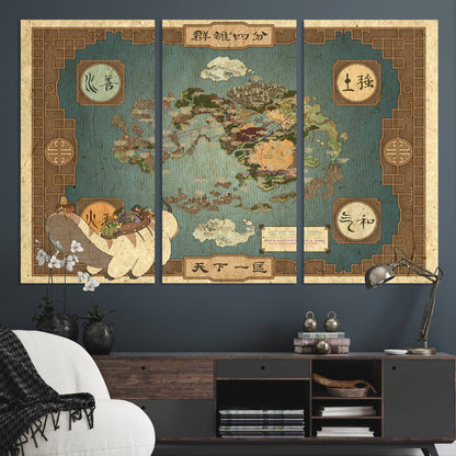 57832-MGV-CV-48X32-3P-Avatar Wall Art: The Last Airbender Vintage Map - Wall Art Canvas Print, Framed, Ready to Hang - Iconic Four Nations Design