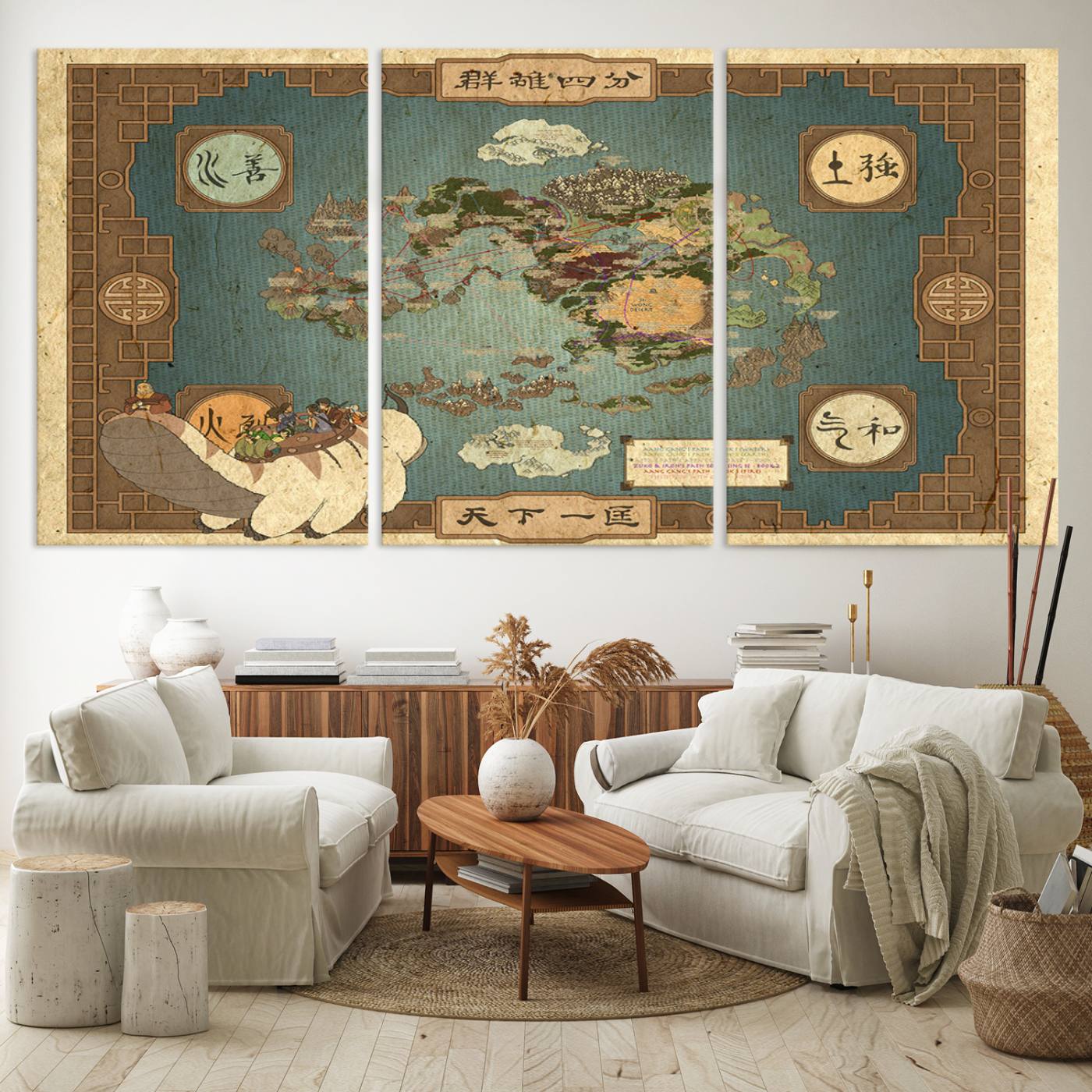 57832-MGV-CV-60X30-3P-Avatar Wall Art: The Last Airbender Vintage Map - Wall Art Canvas Print, Framed, Ready to Hang - Iconic Four Nations Design
