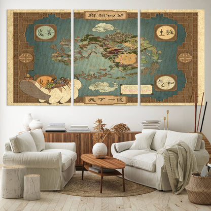 57832-MGV-CV-60X30-3P-Avatar Wall Art: The Last Airbender Vintage Map - Wall Art Canvas Print, Framed, Ready to Hang - Iconic Four Nations Design