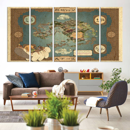 57832-MGV-CV-60X31-5P-Avatar Wall Art: The Last Airbender Vintage Map - Wall Art Canvas Print, Framed, Ready to Hang - Iconic Four Nations Design