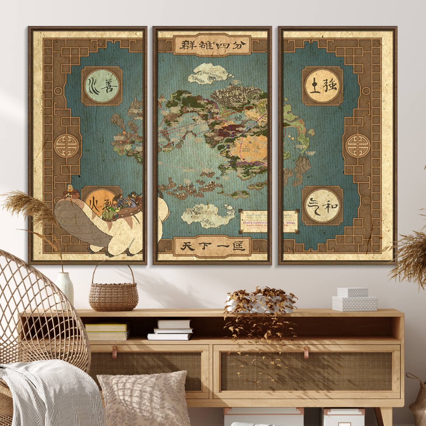 57832-MGV-FC-48X32-3P_Walnut-Avatar Wall Art: The Last Airbender Vintage Map - Wall Art Canvas Print, Framed, Ready to Hang - Iconic Four Nations Design