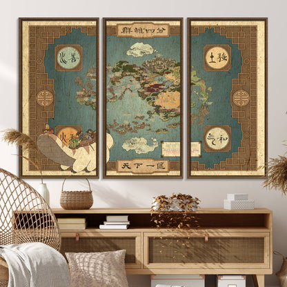 57832-MGV-FC-48X32-3P_Walnut-Avatar Wall Art: The Last Airbender Vintage Map - Wall Art Canvas Print, Framed, Ready to Hang - Iconic Four Nations Design