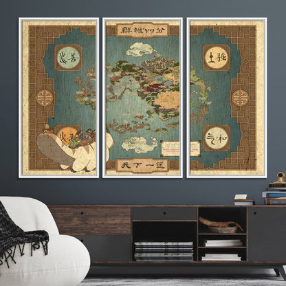 57832-MGV-FC-48X32-3P_White-Avatar Wall Art: The Last Airbender Vintage Map - Wall Art Canvas Print, Framed, Ready to Hang - Iconic Four Nations Design