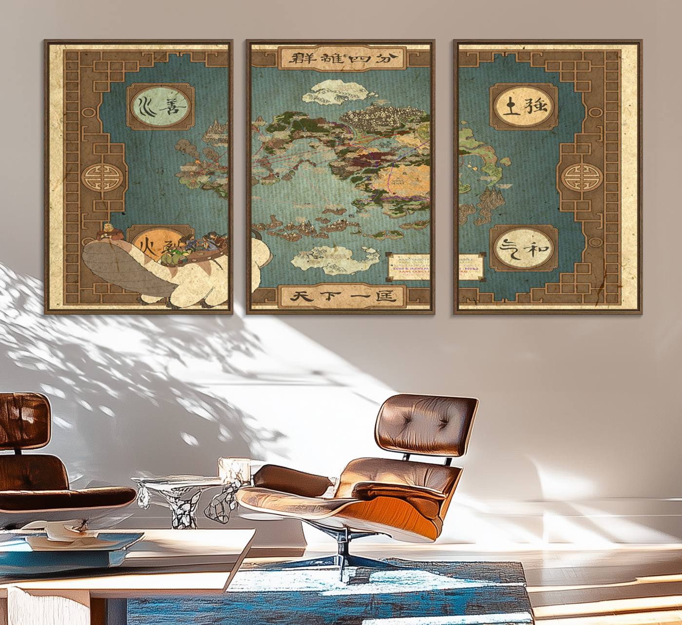 57832-MGV-FC-60X30-3P_Walnut-Avatar Wall Art: The Last Airbender Vintage Map - Wall Art Canvas Print, Framed, Ready to Hang - Iconic Four Nations Design