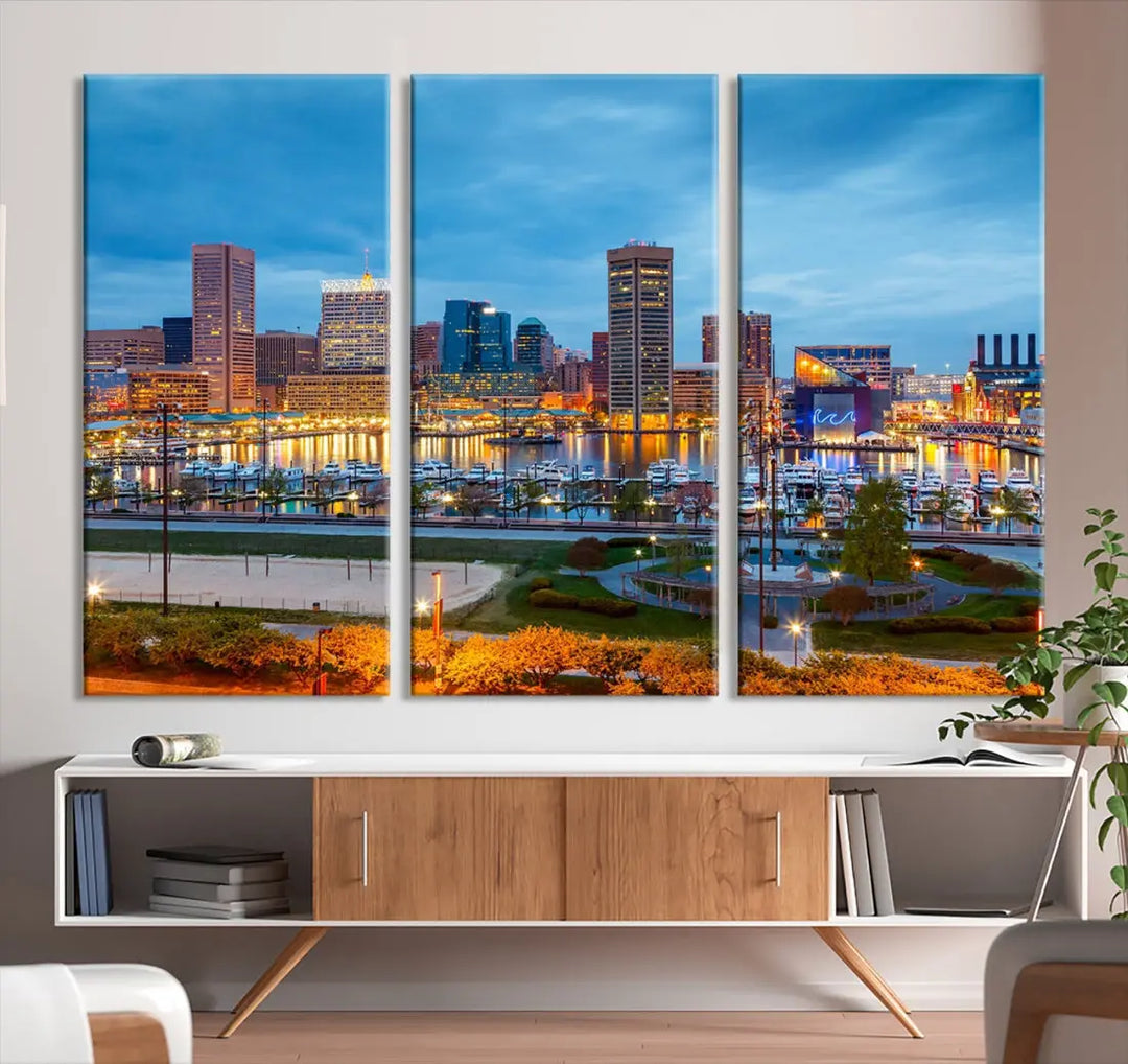 Baltimore City Inner Harbor Night Blue Skyline Cityscape Wall Art Canvas Print