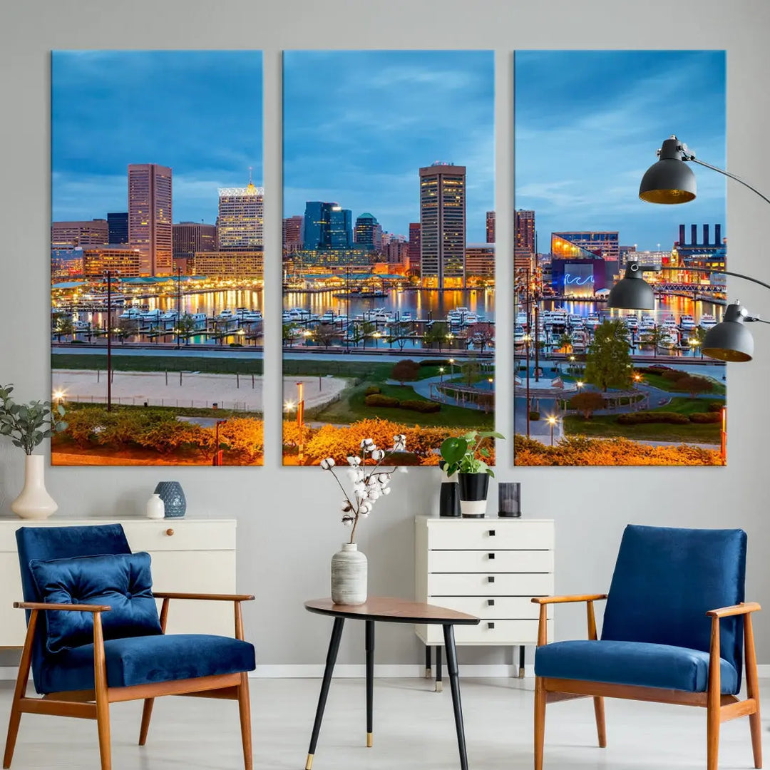 Baltimore City Inner Harbor Night Blue Skyline Cityscape Wall Art Canvas Print